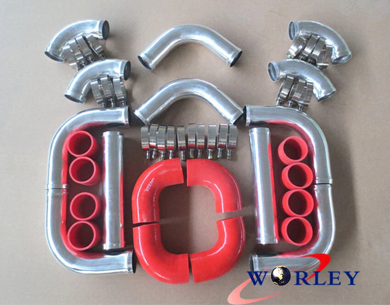 Car Aluminum Intercooler 450x230x52mm + 2.25" Piping + Red Silicone Hose