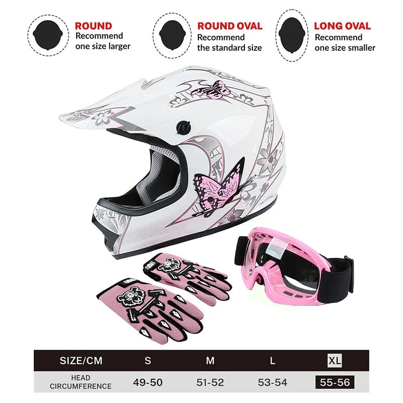 Youth Pink Butterfly Dirt Bike ATV Motocross Helmet Goggles Gloves S-XL