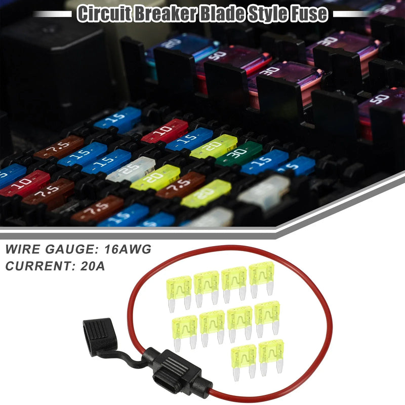 Various Vehicles 20A Mini Blade Style Fuse Set with 16 AWG Holder