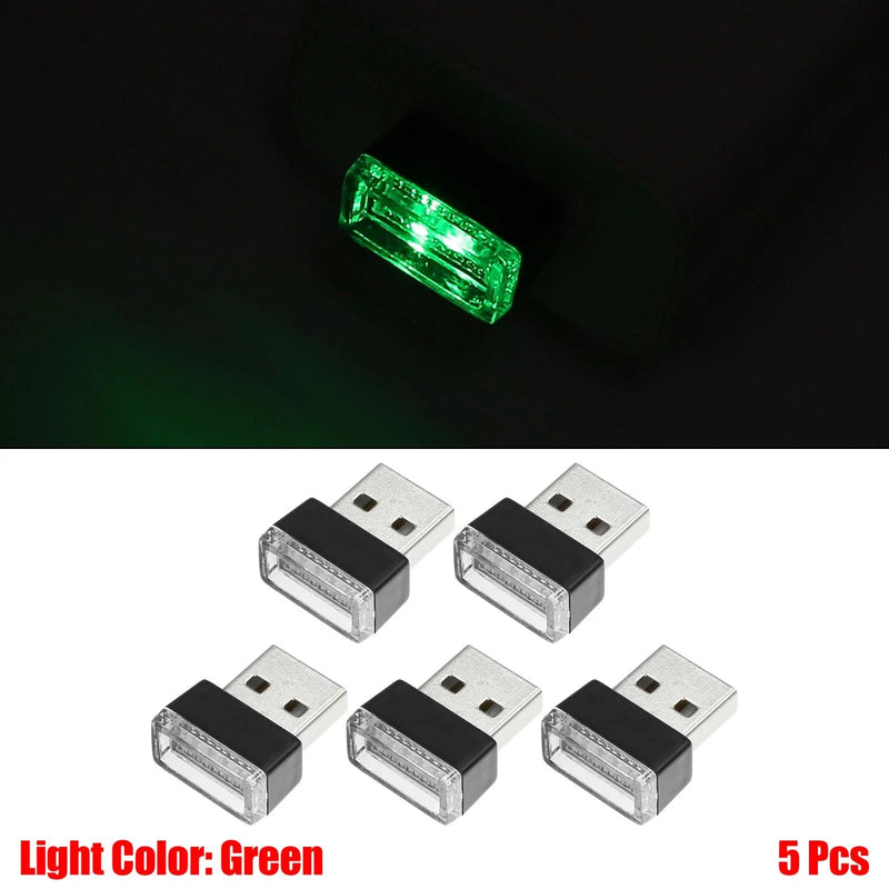 Universal Car Interior Decoration 5 x Green Mini USB LED Lights