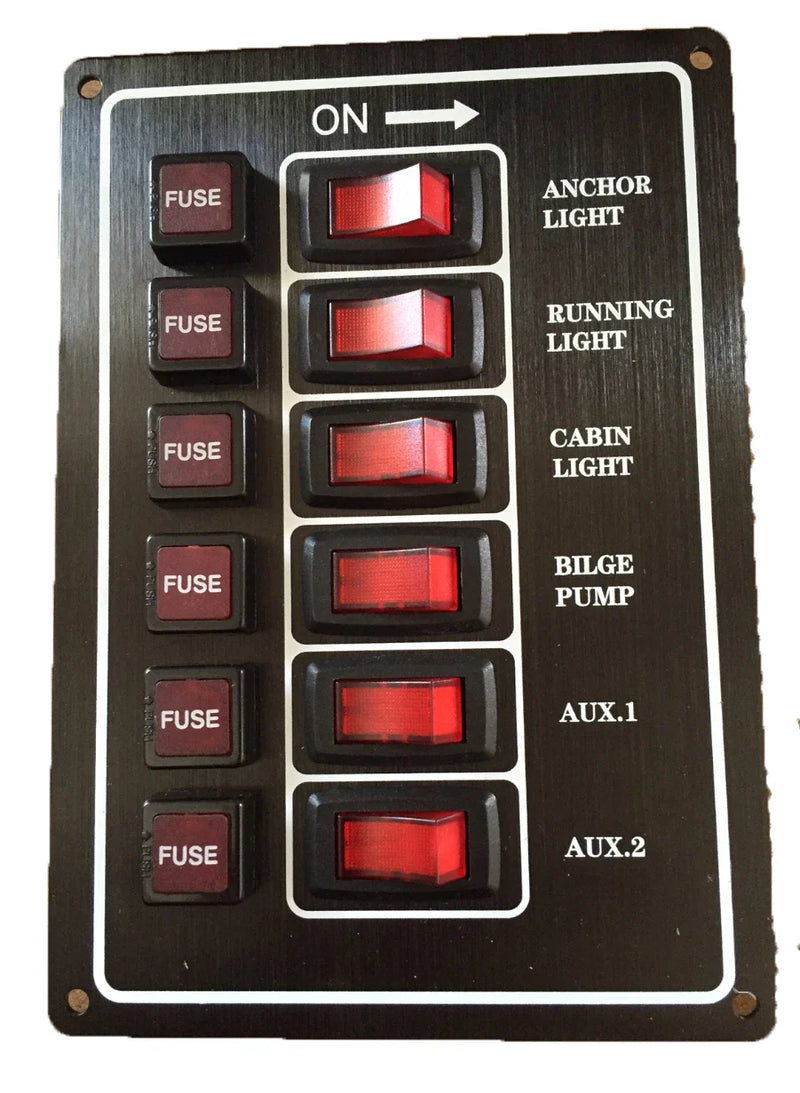 Marine Applications 12V Alloy Illuminating 6 Gang Switch Panel with Fuses