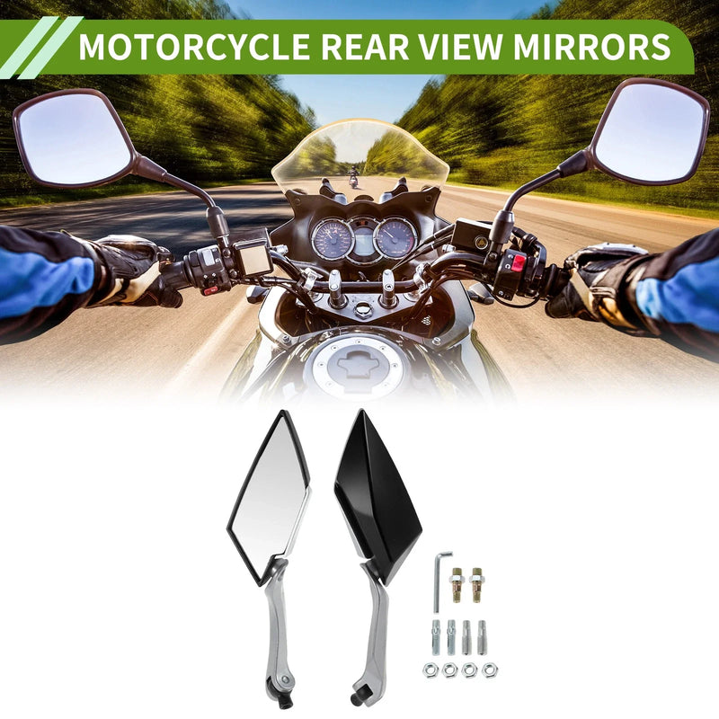 Motorcycle M8/M10 Rear View Mirrors Prismatic Silver Tone Black Plastic