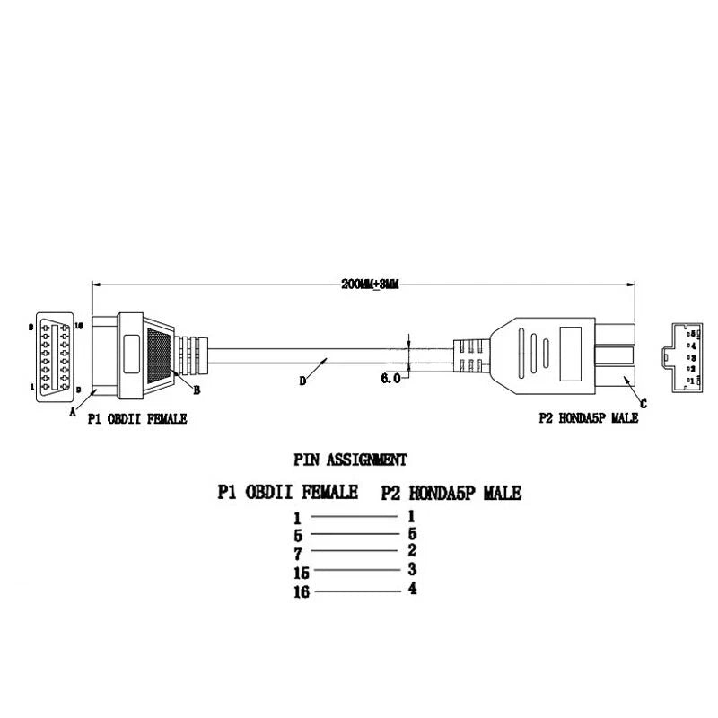Honda Acura 5 Pin OBD1 to 16 Pin OBD2 Diagnostic Connector Cable Fit