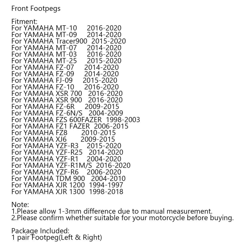 Yamaha MT10, MT-09, MT-07, MT-03, MT-25, XSR 700, 900 Foot Pegs (2016-2023)