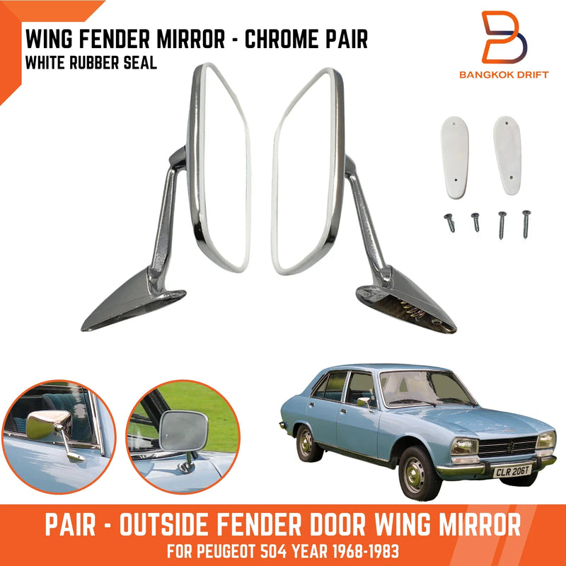 Peugeot 504 Chrome Fender Door Wing Side Mirrors (1968-1983)