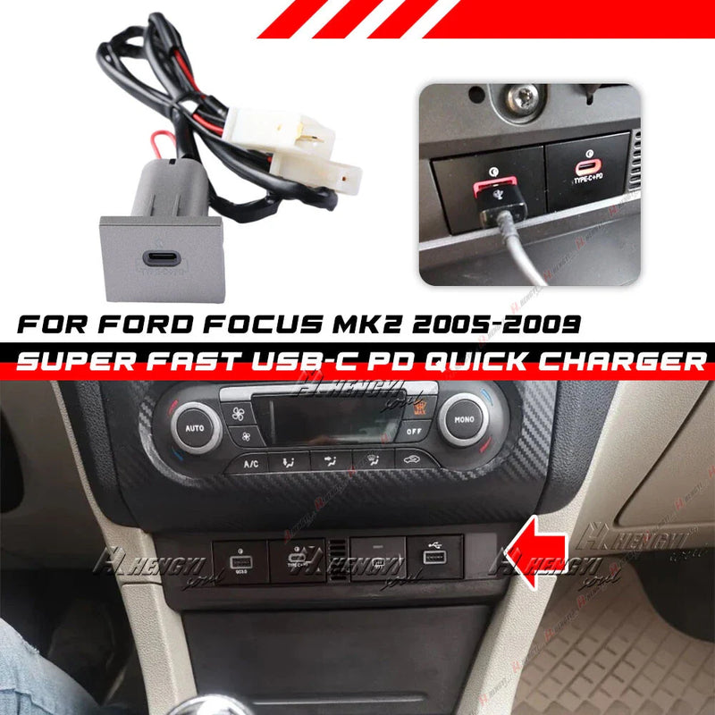 Ford Focus Silver USB-C PD Port Charger Red LED (2005–2009)