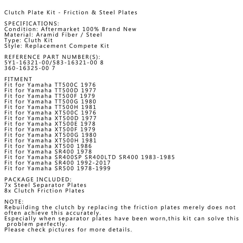 Yamaha TT500 XT500 SR400 SR400SP SR500 Clutch Kit (1976-1989)