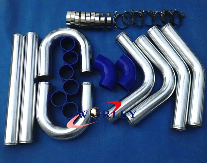 Cars 2.25" Aluminum Universal Intercooler Turbo Piping Kit + Blue Hoses