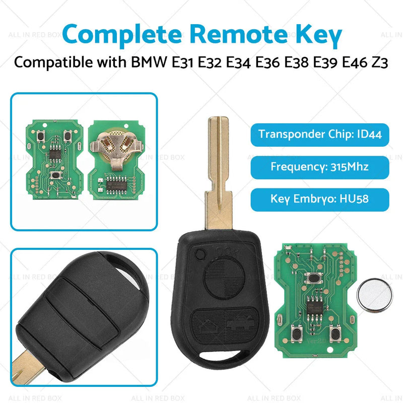 BMW E31 E32 E34 E36 E38 E39 E46 Z3 3 Button Complete Remote Key (1990-2002)