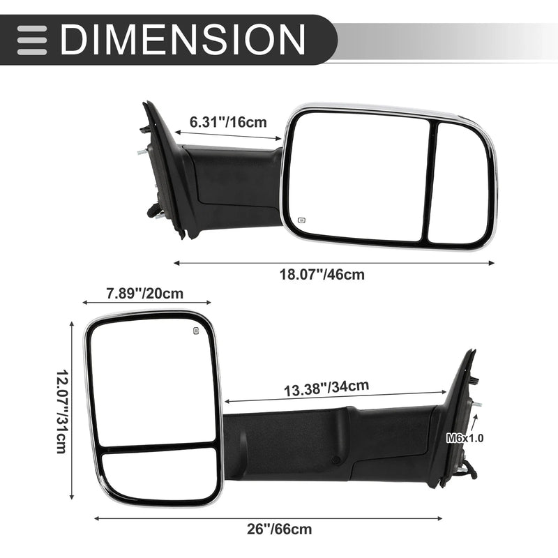 Dodge Ram 1500 2500 2009-2018 with Lights - Silver Tone 2 x Tow Mirrors