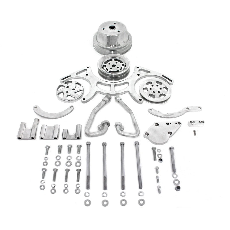 Chevy SBC 350 Polished Aluminum Short Water Pump V-Belt Engine Pulley Set