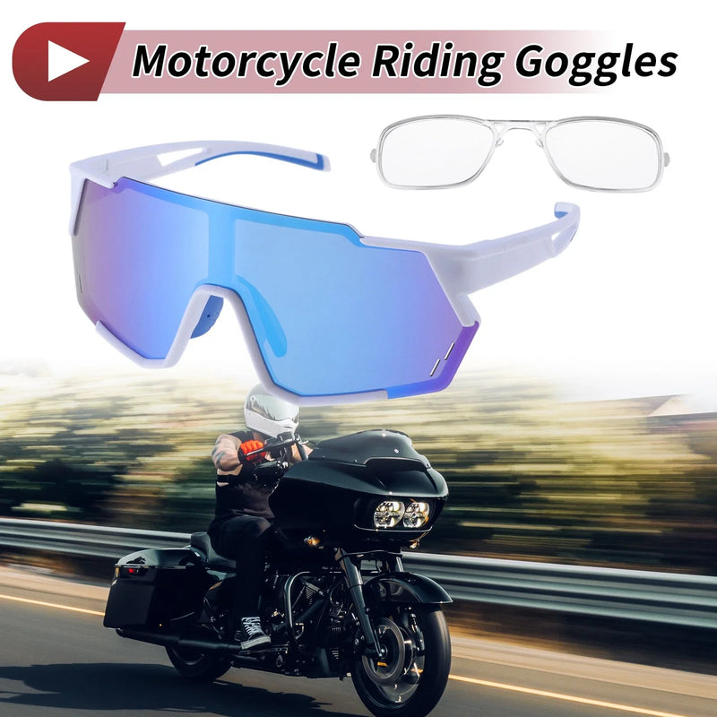 Motorcycle Riding Goggles Blue Lens White Frame PC Cycling Sunglasses