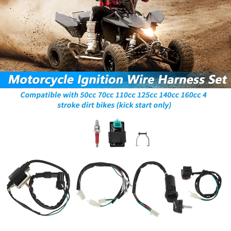 Motorcycle Ignition Wire Harness Key Switch Ignition Coil CDI Spark Plug