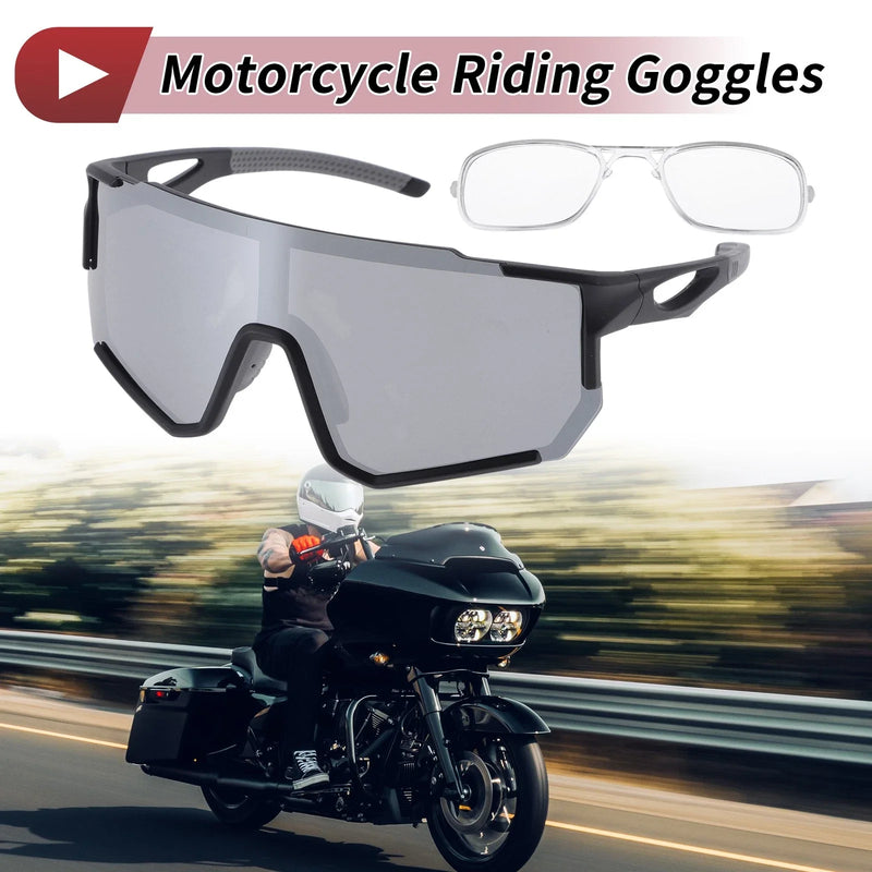 Goggles 1x Motorcycle Riding Silver Tone Gray Lens Black Frame PC Eyeglasses