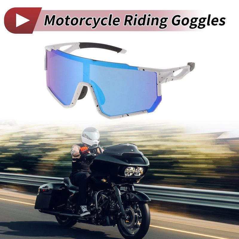 Motorcycle Riding Goggles Blue Lens White Black Frame UV400