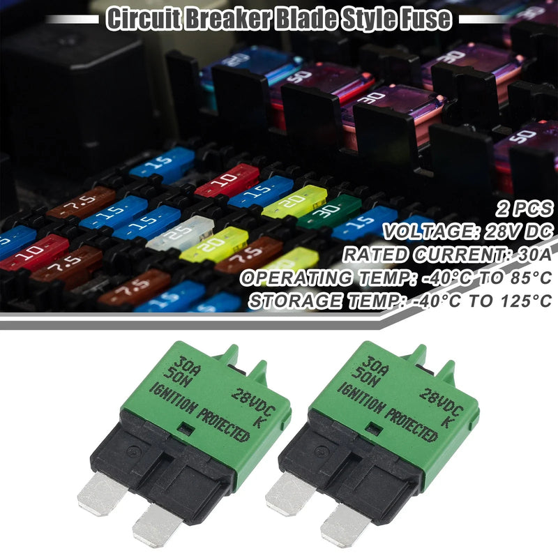 Car Marine RV Green 2 x Circuit Breaker Blade Style Fuse 30A Resettable