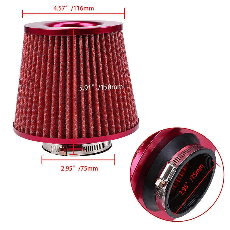 3" Red Cold Air Intake Cone Filter