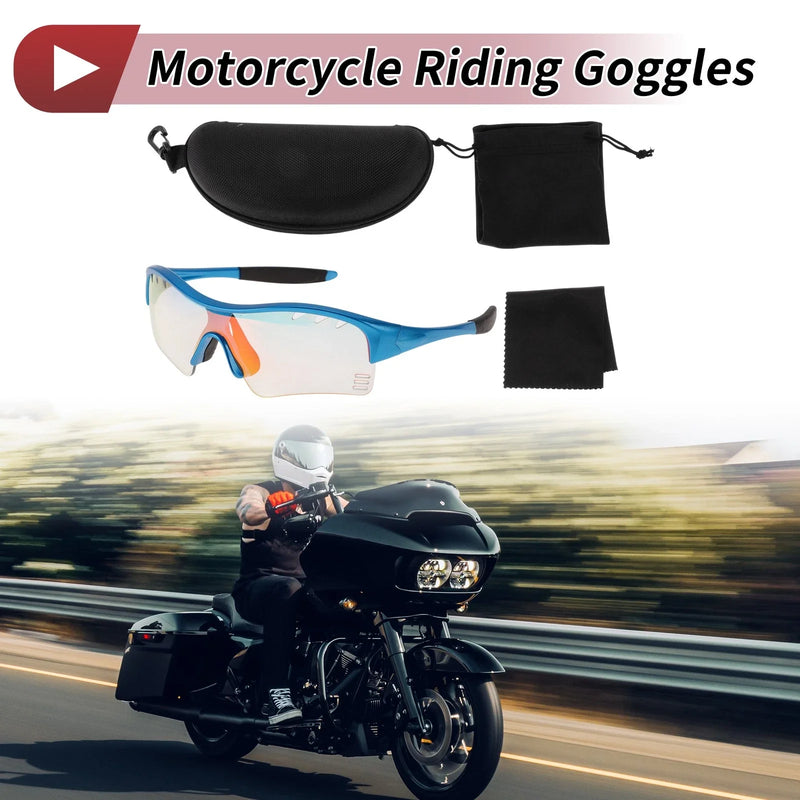Motorcycle Riding Goggles Light Red Lens Blue Frame PC TPU Cycling Sunglasses