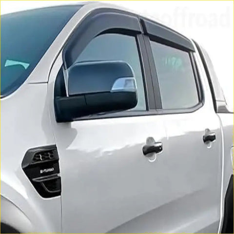 Black plastic window visors installed on white ford ranger px1 px2 px3 side windows for weather protection
