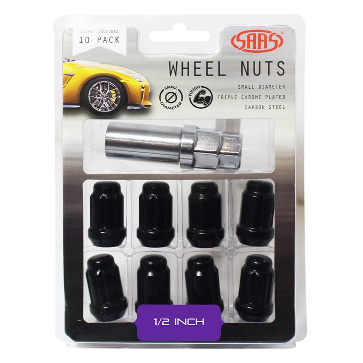 Saas Wheel Nuts S/D 6 Spline 1/2" (Inc Key) Black (10