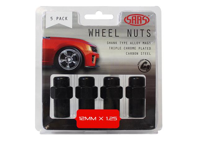 Saas Wheel Nuts Mag M12x1.25 Black 43mm (5 Pack) 743455BC