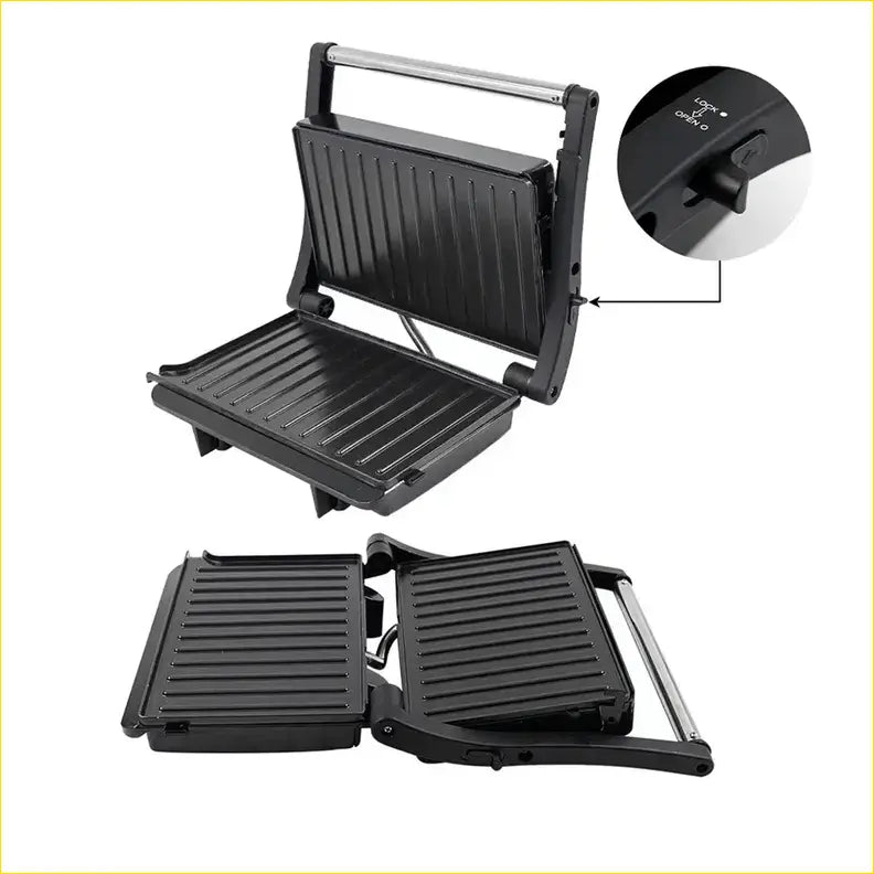 Black sandwich grill press 12v with ribbed plates and silver handle perfect for ute and offroad meals in 4wd trips