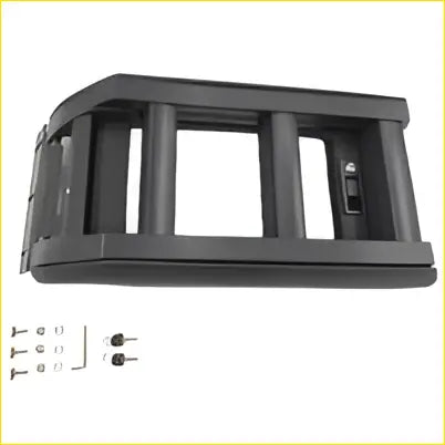 Black plastic side ladder protective frame with four vertical bars and mounting hardware for gwm tank 300 and toyota landcruiser prado 250 series back side
