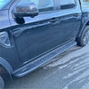 Black matte side step raptor style heavy duty steel with textured perforated pattern and mounting brackets for ranger 2022+ double cab