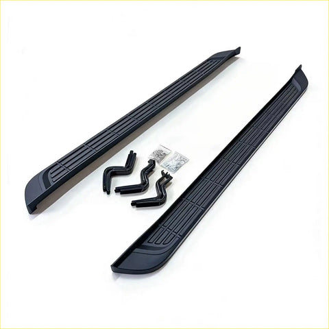 Black plastic side step runners with textured grip and integrated brackets for mazda bt-50 2012-2020 visible from back side