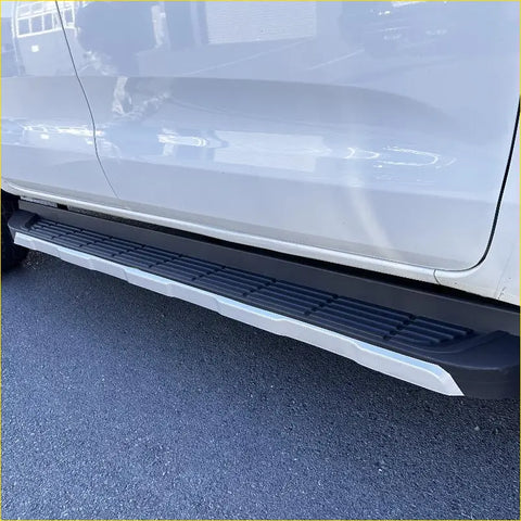 Silver and black side step running board for mazda bt-50 2012-2020 with textured ribbed grip surface