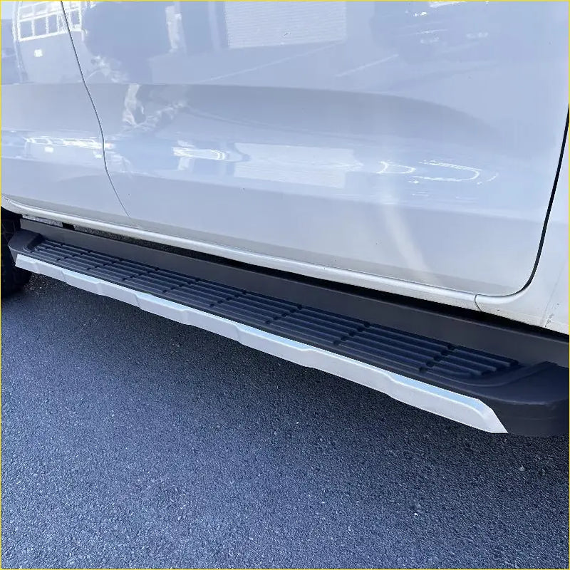 Silver and black side step running board for mazda bt-50 2012-2020 with textured ribbed grip surface