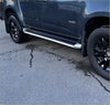 Silver metallic side step running board mounted on dark gray colorado 2012-2020 double cab pickup truck