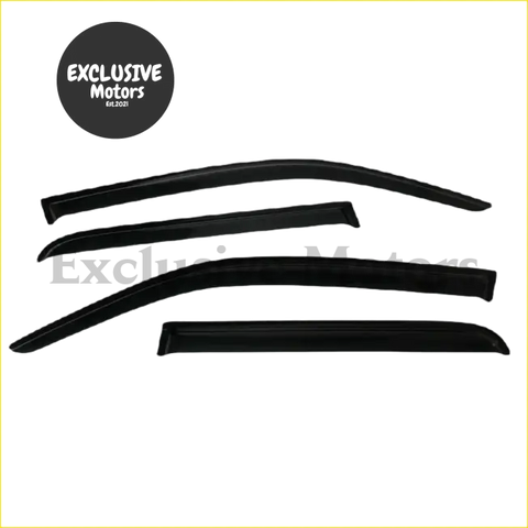 Set of four black plastic side window deflectors for vw amarok double cabin 2009 to 2021 shown from back side