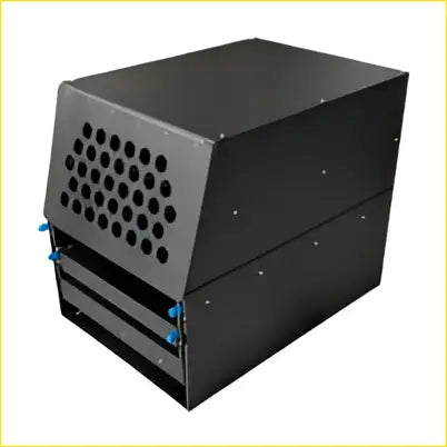 Black metal dog crate with perforated side panel and sliding drawers shown from the back in 4wd camp kitchen setup