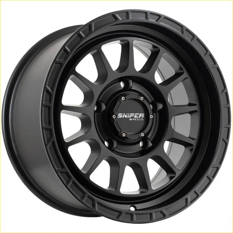 Black sniper ballistic alloy wheel with matte finish and bold angular spokes 17x9 6x139.7 offset 15