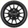Black and silver sniper ballistic 17x9 alloy wheel with matte black finish intricate spokes and branded center cap
