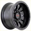 Black matte finish sniper blast 17x9 alloy wheel with bold multi-spoke design and red center logo