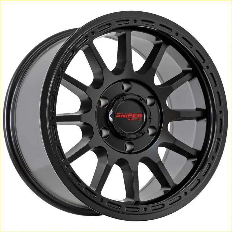 Black sniper blast 17x9 alloy wheel with matte black finish and red logo center for 6x139.7 bolt pattern