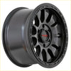 Black matte sniper blast alloy wheel 17x9 with rugged multi spoke design and red triple logo at center