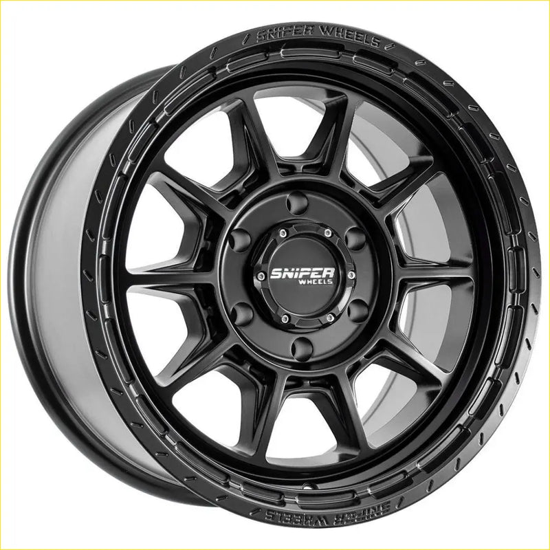 Black sniper recon steel alloy wheel with matte finish and aggressive spoke design 17x9 6x139.7 offset 15