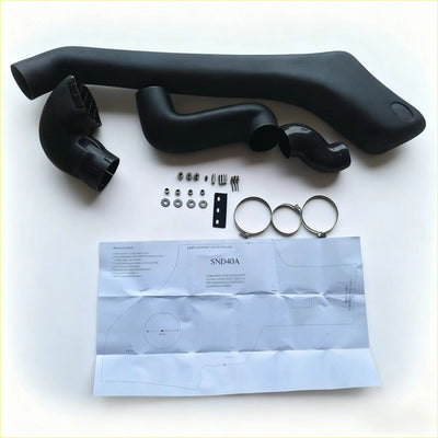 Black plastic snorkel air intake kit with hoses and fittings for Nissan Navara D40 2005-2015 back side view
