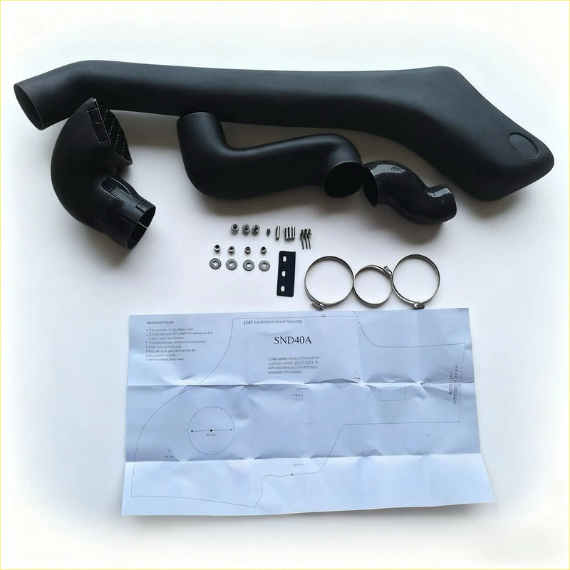 Black plastic snorkel air intake kit with hoses and fittings for Nissan Navara D40 2005-2015 back side view