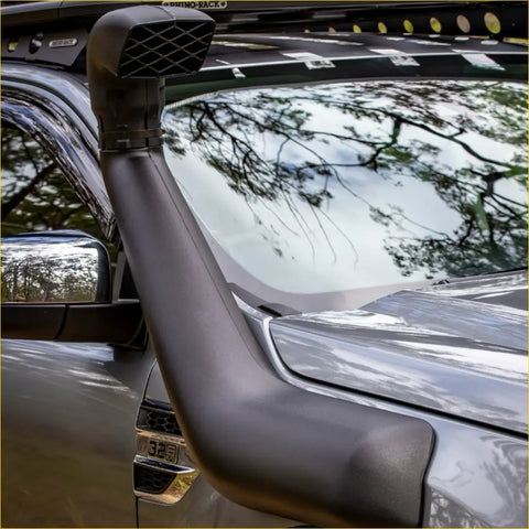 Black rhino snorkel air intake pipe with mesh grille and curved design for ford everest 2022 ranger nex gen back side view