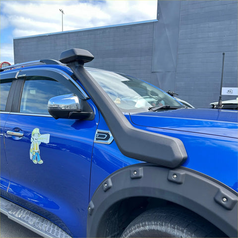 Black plastic snorkel mounted on blue gwm cannon pickup truck for 2019 to 2024 models side view