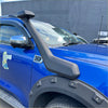Black plastic snorkel mounted on blue gwm cannon pickup truck 2019-2024 showing back side view