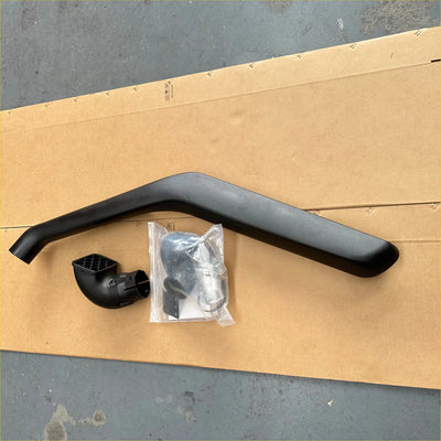 Black plastic snorkel tube with fittings and mounting hardware for mazda bt-50 2006-2011 shown from the back side