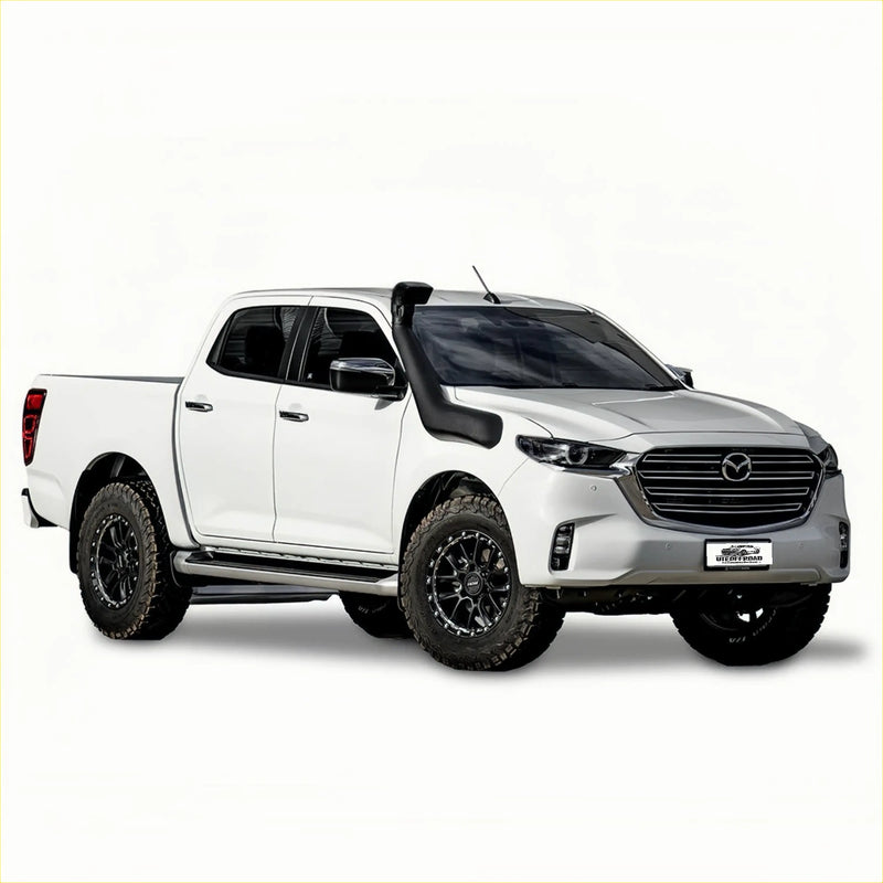 White Mazda BT50 2021+ pickup truck with black off-road tires and a black snorkel mounted on the hood