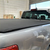 Black textured soft tonneau cover on silver ford ranger px1 px2 px3 2012-2021 double cab shown from the back side