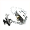 Black metal door chain lock with silver links and brass locking mechanism on spare wheel carrier for toyota hilux double cab