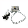 Silver-toned metal chain with black and silver lock and brass keyhole on spare wheel carrier for toyota hilux double cab
